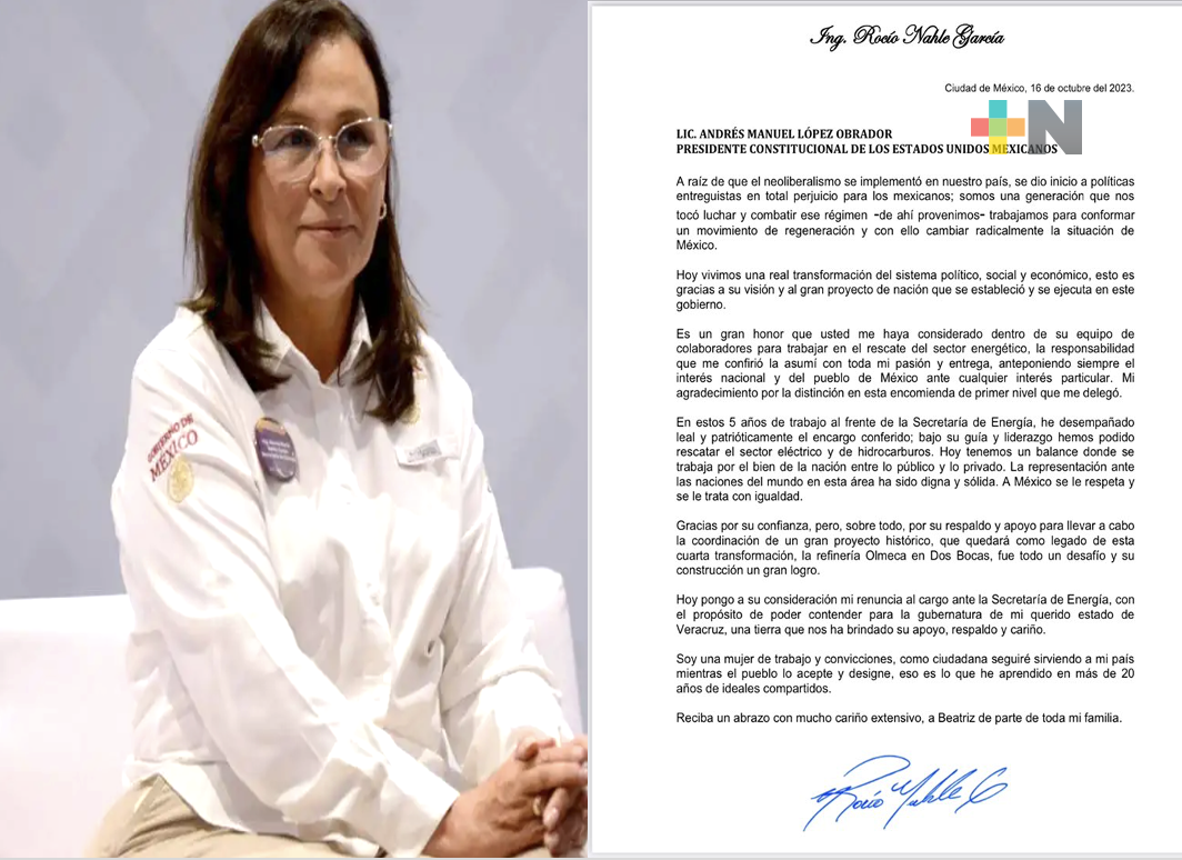 Se despide Rocío Nahle de Sener con carta dirigida a AMLO